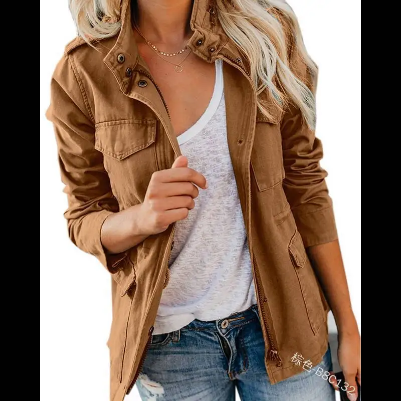 

Spring and autumn slim fit fashion trend solid color loose Korean zipper Multi Pocket Jacket Women's jacket w156