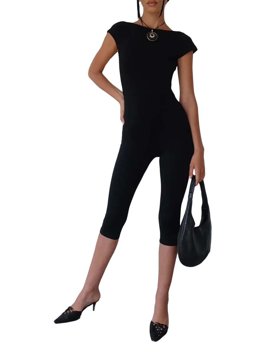 Women Wrapped Romper Backless Round Neck Solid Color Slim Fit Casual Elastic Waist Sleeves Summer Street Short Jumpsuit