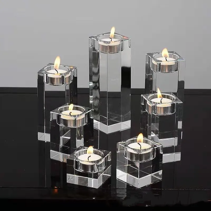 

40-200mm Crystal Clear Square Glass Candle Holders Solid Tealight Candlestick for Wedding Home Decoration Center Piece High-end