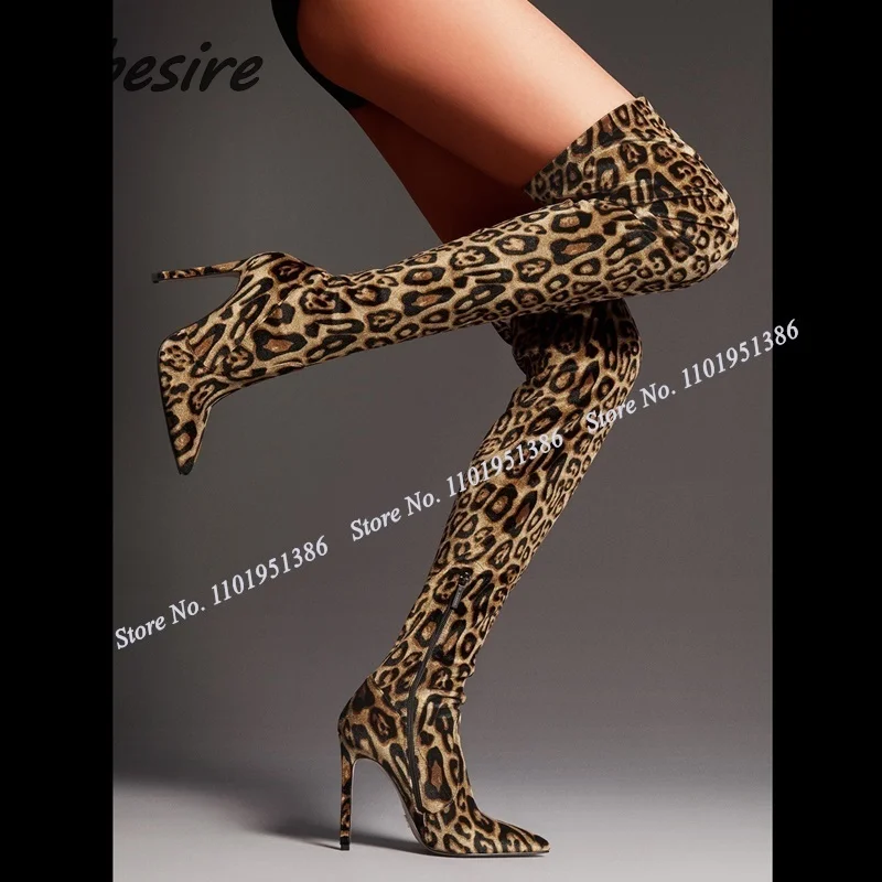Abesire Handmade Leopard Boots Side Zipper Over the Knee Pointed Toe Stiletto Shoes for Women High Heels Winter Zapatillas Mujer