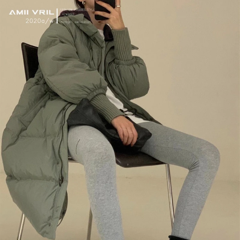 Fashionable Warm Winter Coats Women Loose Down Jacket Solid Color Medium Long Niche White Eiderdown Threaded Cuffs Overcoat