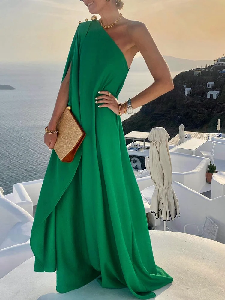

Mandylandy Women Elegant Summer One Shoulder A-line Dress Fashion Female Y2K Long Sleeve Loose Long Dress Vacation Streetwear