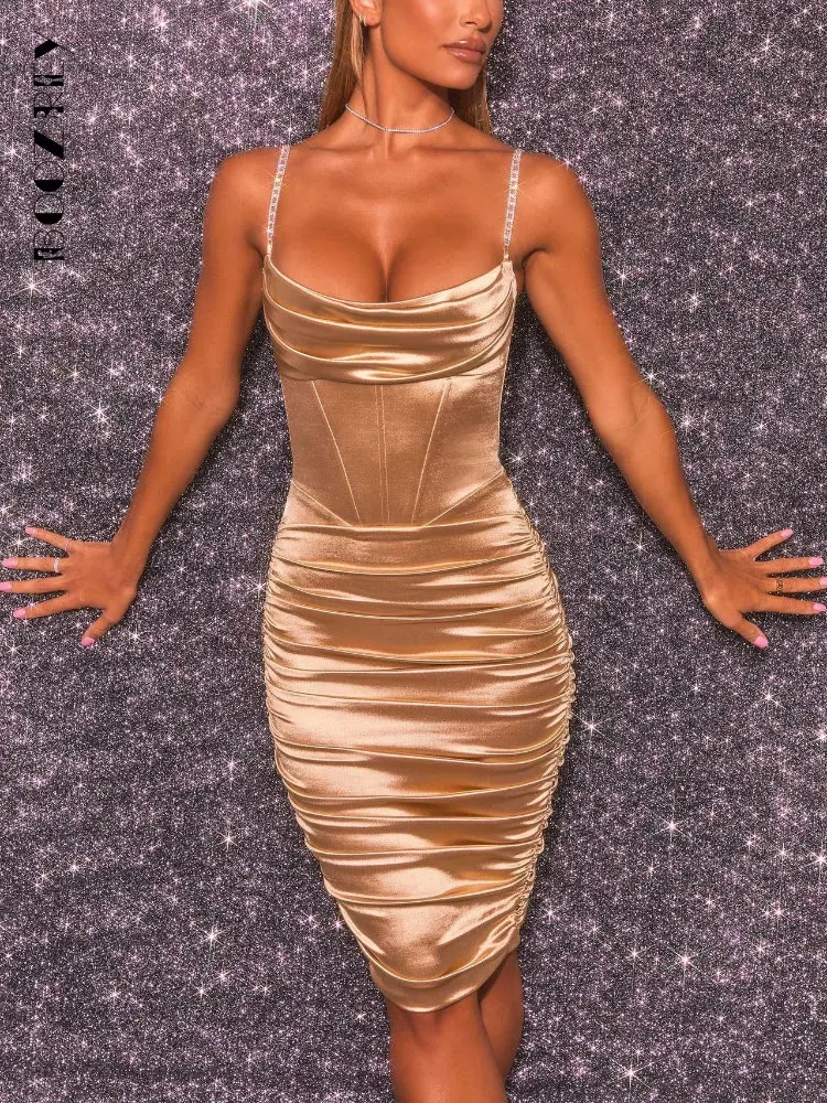 

Пикантное женское платье BoozRey, облегающее платье миди на бретелях-спагетти с бусинами, элегантные однотонные плиссированные платья для веч...