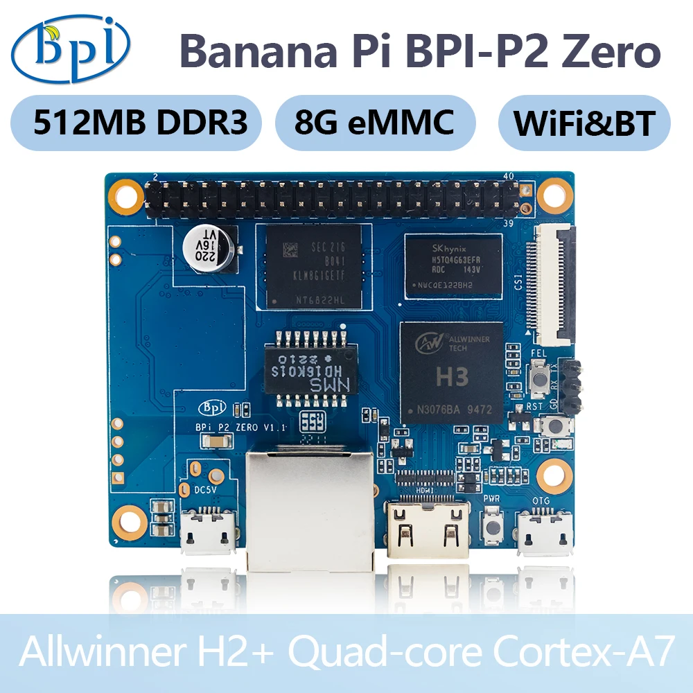 Компьютер с одной платой типа SBC, банан Pi BPI-P2 Zero Allwinner H3 512M DDR 3 RAM 8G eMMC, интегрированные схемы, устройство с открытой платформой