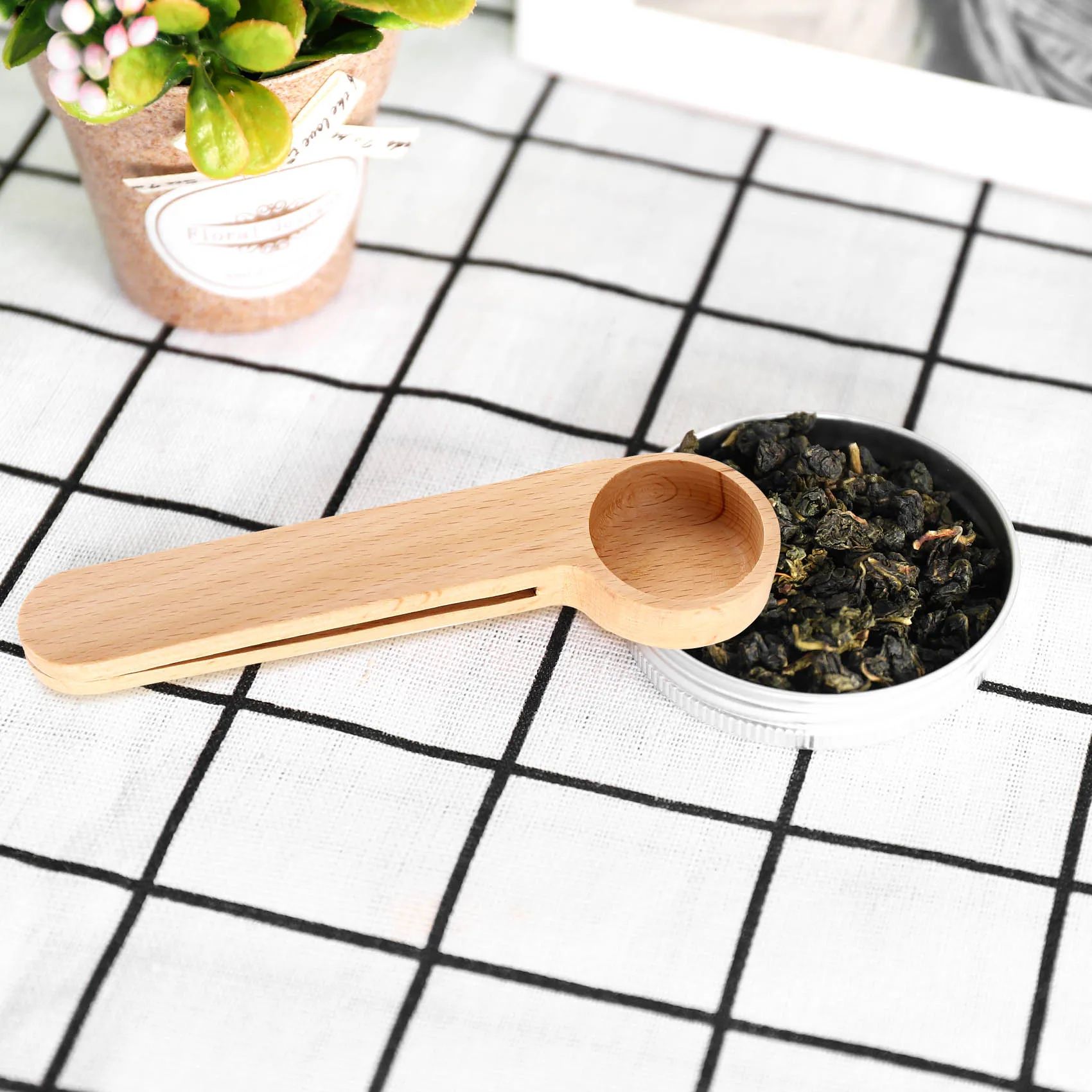 5 шт. деревянная ложка для кофе и зажим сумки мерная 2-в-1 пакетик герметик зерен