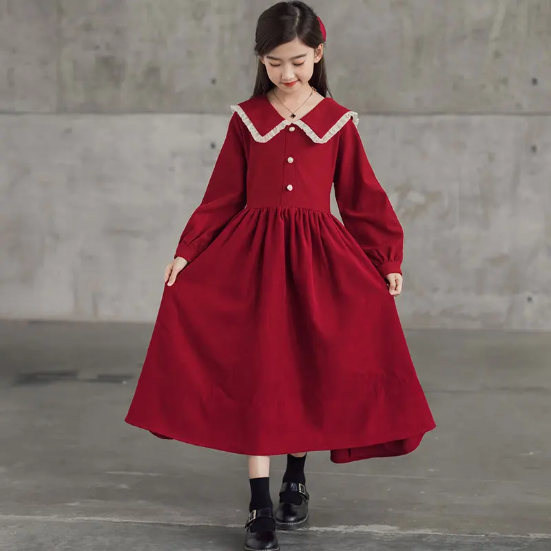 

2022 spring autumn Europe western Kids Baby girl clothes red long sleeve Dresses Doll teenager Corduroy A 5 6 8 9 10 11 12 year