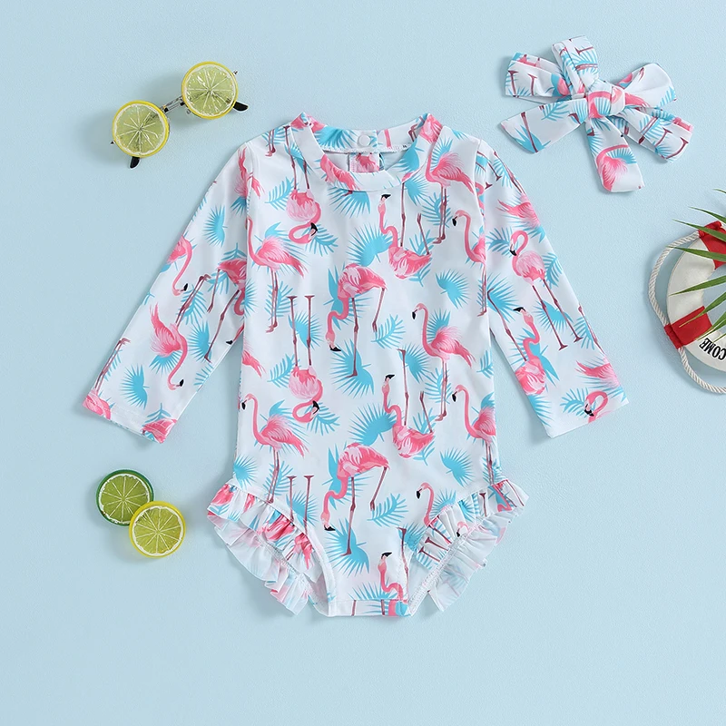 

Женский купальник с длинными рукавами и принтом фламинго