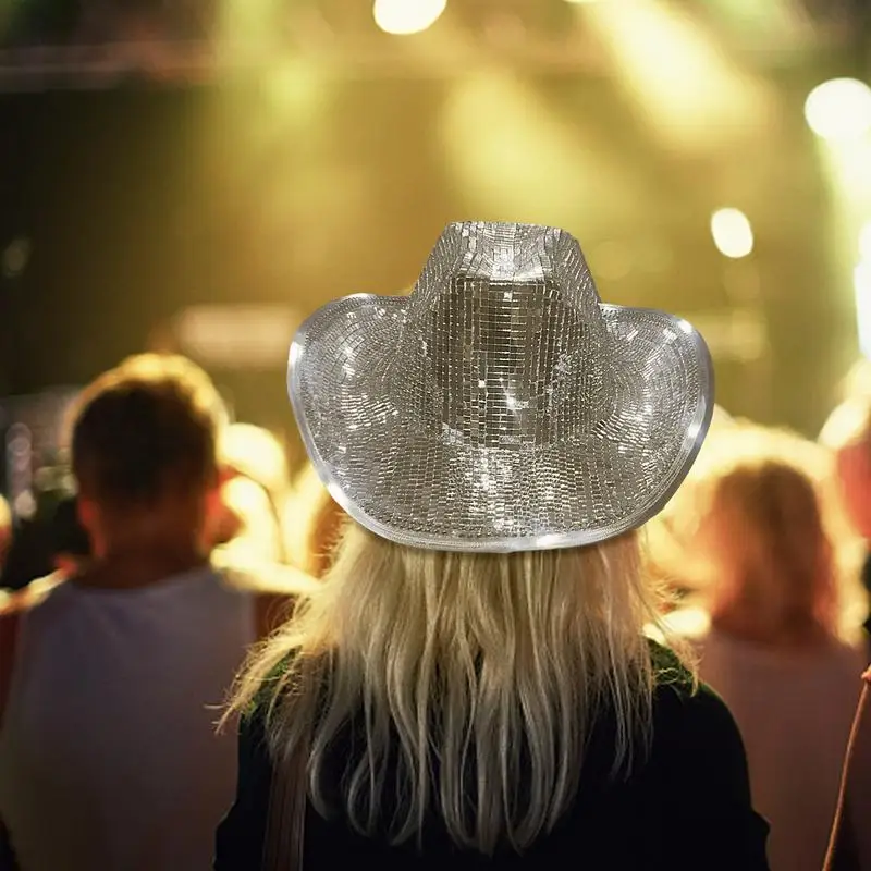 

Блестящая зеркальная ковбойская шляпа для диджея с блестками, блестящая подсветка для диджея, светящаяся подсветка для ночного клуба, сцены, бара, танцев