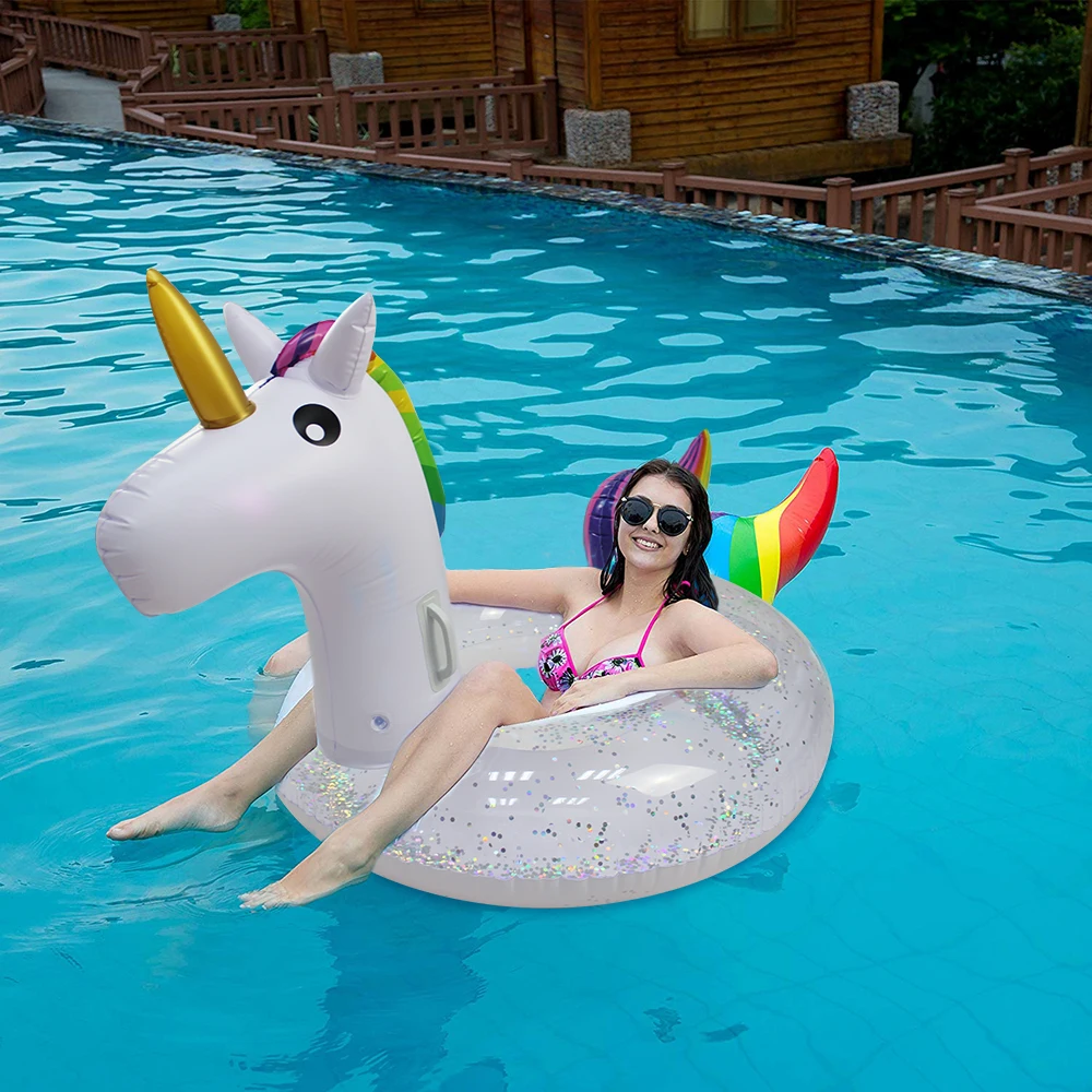 175cm Giant Inflatable Magical Pool Float with Glitter Inside Unicorn Swimming Ring Seat Boat Water Sport Buoy Floating Mattress