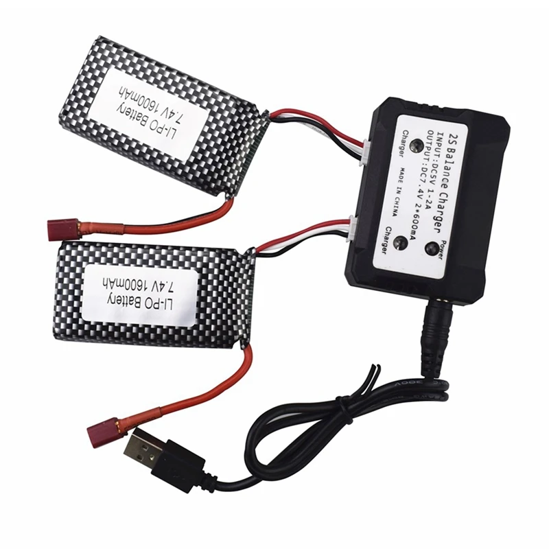 

2Pcs 7.4V 1600Mah T Connector High-Rate Lithium Battery+ 2-In-1 Charger For 9125 1:10 Off-Road Vehicle Spare Battery