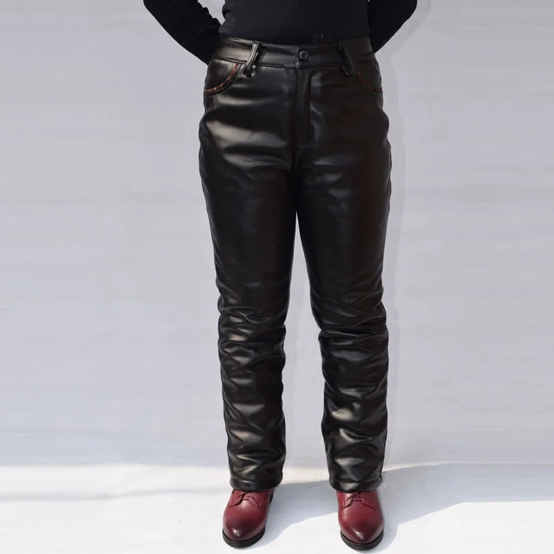 Straight motorcycle faux leather pants womens mother trousers pu pants for women middle age windproof warm high waist black