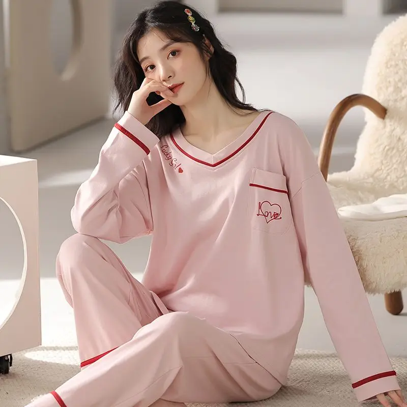 Pajamas Ladies Spring Autumn Long Sleeve Polyester Cotton Women's Autumn and Winter Large Size Casual Autumn Homewear Set