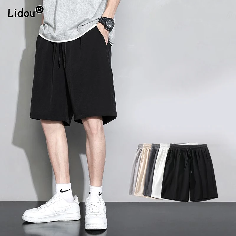 Men's Clothing Street Casual Lacing Fashion Loose Solid Simplicity Elastic Waist Straight Thin Summer Comfortable Sports Shorts
