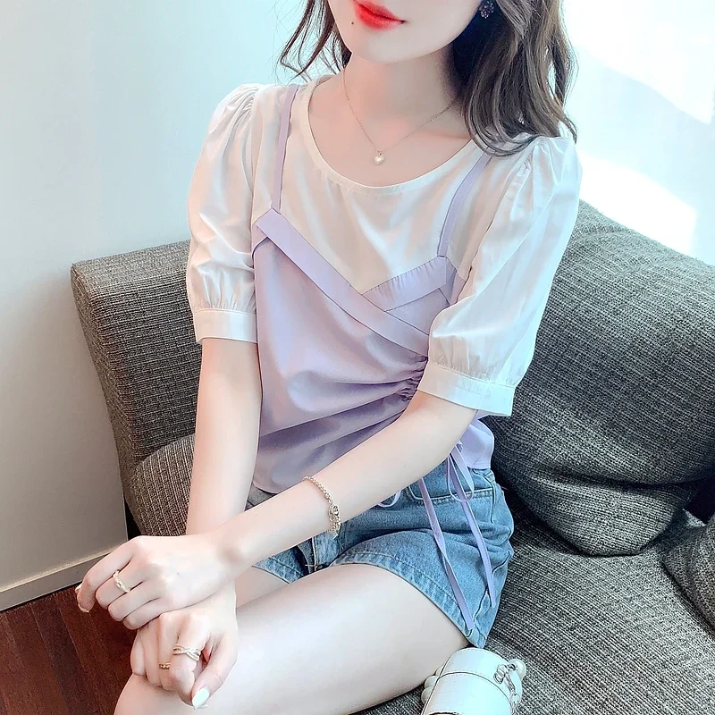 Блузка женская летняя с круглым вырезом и коротким рукавом G436