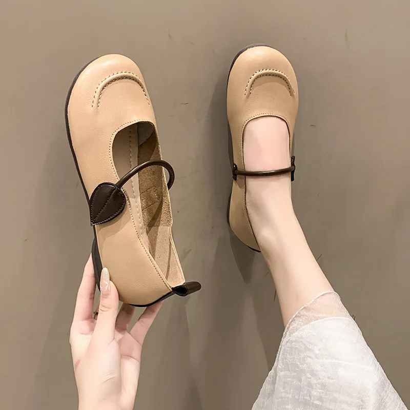 Designer Leaf Mary Jane Shoes U shape Stitching Leather Flats Round Toe Women's Summer Ballerina Dance Shoes 2023 Fahsion