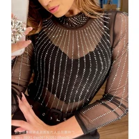 summer sexy solid color lace mesh see through t shirt women t shirt top women casual long sleeve o neck pullover diamond t shirt