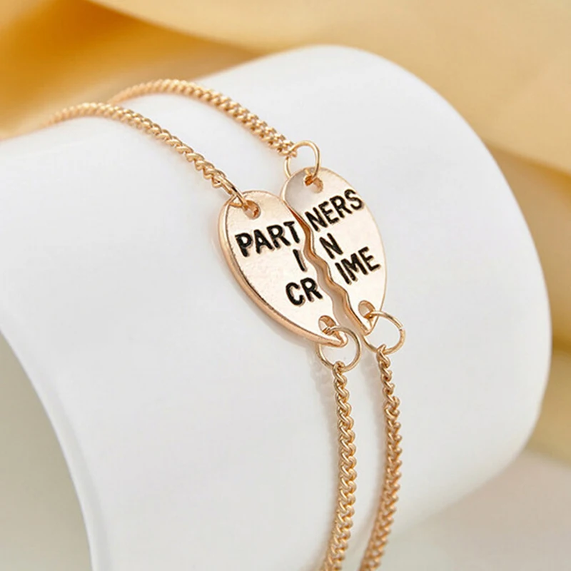 1 Set Vintage  "Partners in Crime" Best Friends BFF  Heart Chain Charm Bracelet For Women Jewelry Accessories