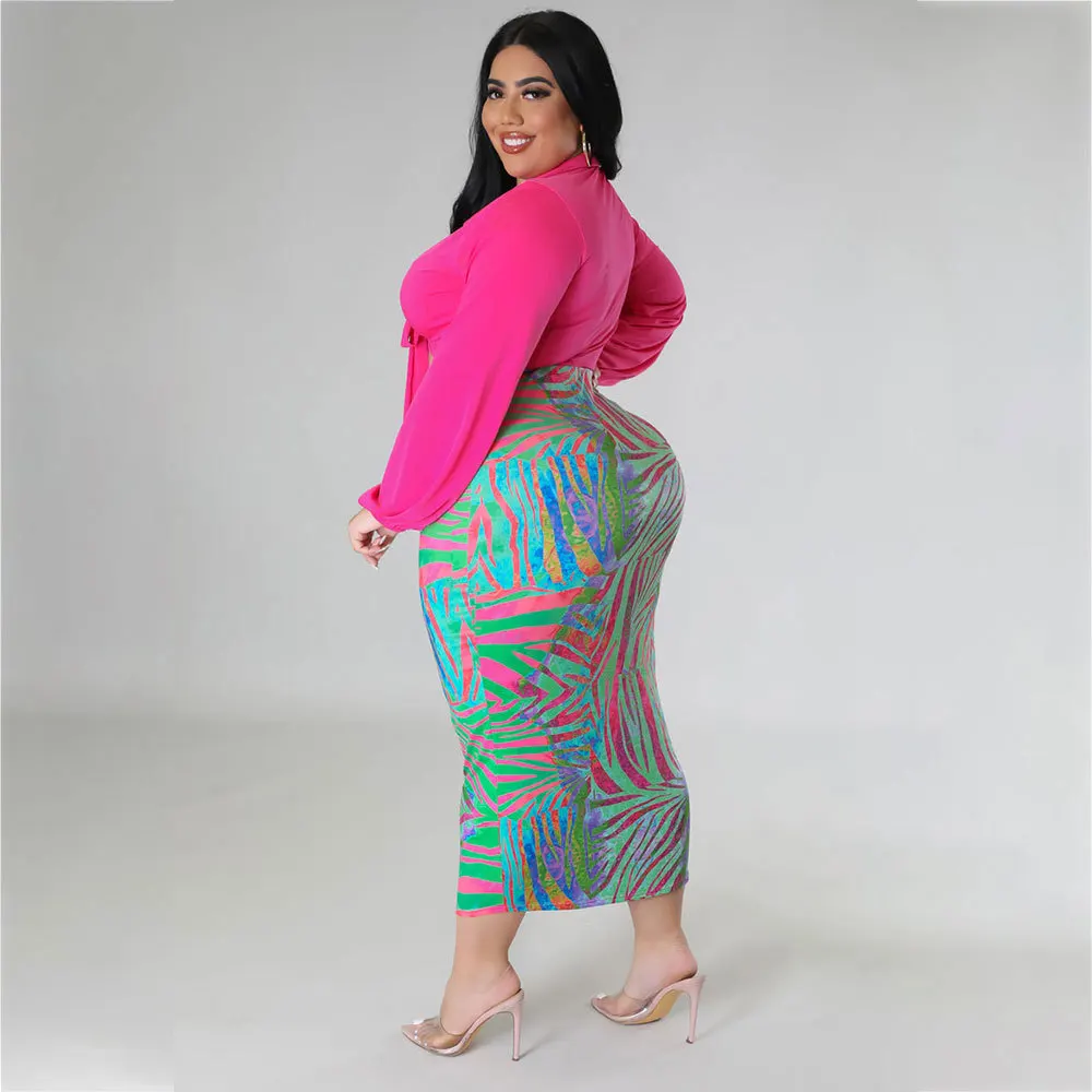 2023 Spring Leaf Print Dress Bandage Top Party Elegant Dinner Skirts Female Luxury Designer Cloth Plus Size Women Two Piece Sets