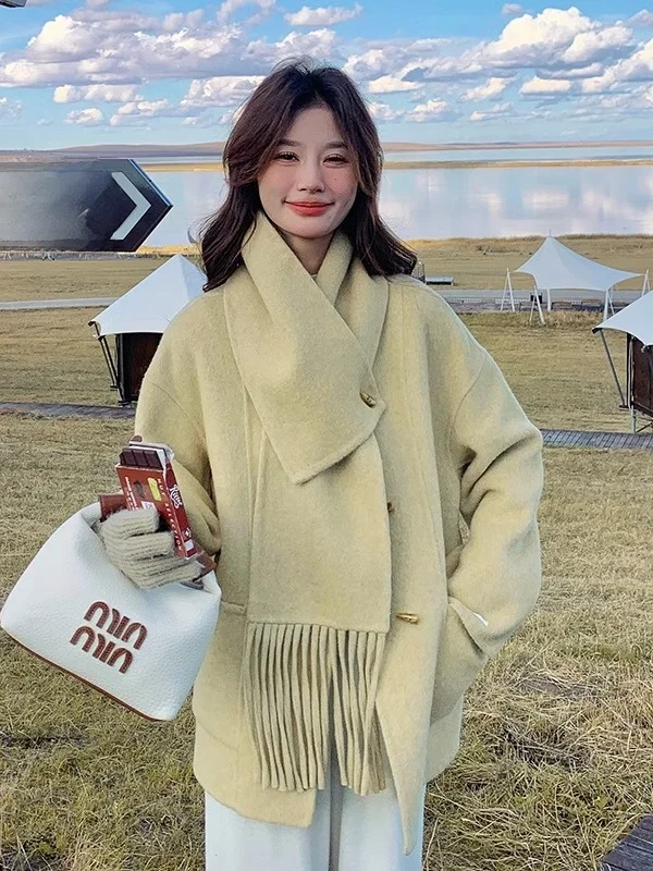 Молочно-желтый шарф с воротником двустороннее шерстяное пальто из ангоры