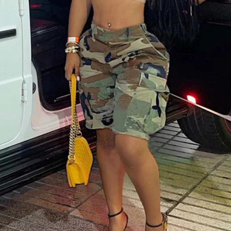 

2022 Women Casual High Waist Camouflage Pockets Shorts Women Loose Short Jeans Pants Streetwear