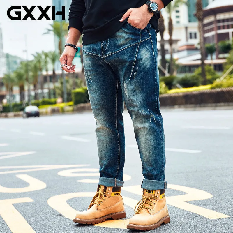 Джинсы GXXH мужские с эластичным поясом Стрейчевые брюки свободного покроя прямые