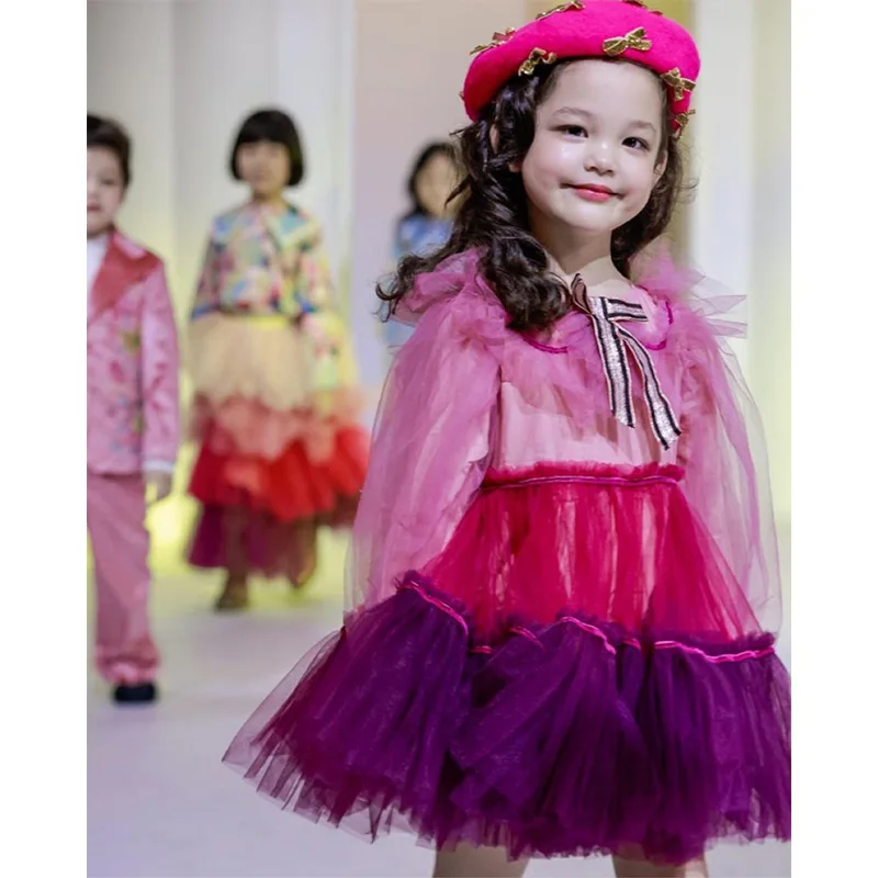 

Toddler Girl Princess Dress Long Sleeve Fashion Pink Ball Gowns Casual Kids Clothes Mesh Patchwork Blue Children Birthday Dress