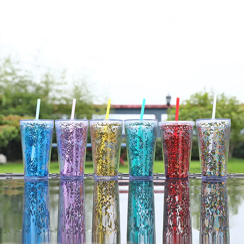 

Прозрачная двухслойная утолщенная пластиковая чашка с блестками, креативная соломенная чашка 16 унций с крышкой и соломинкой оптом
