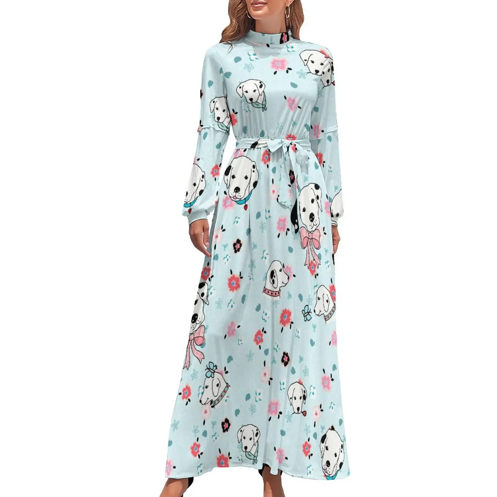

Cute Dalmatian Puppy Dress Floral Print Kawaii Printed Maxi Dress High Neck Long-Sleeve Street Style Boho Beach Long Dresses