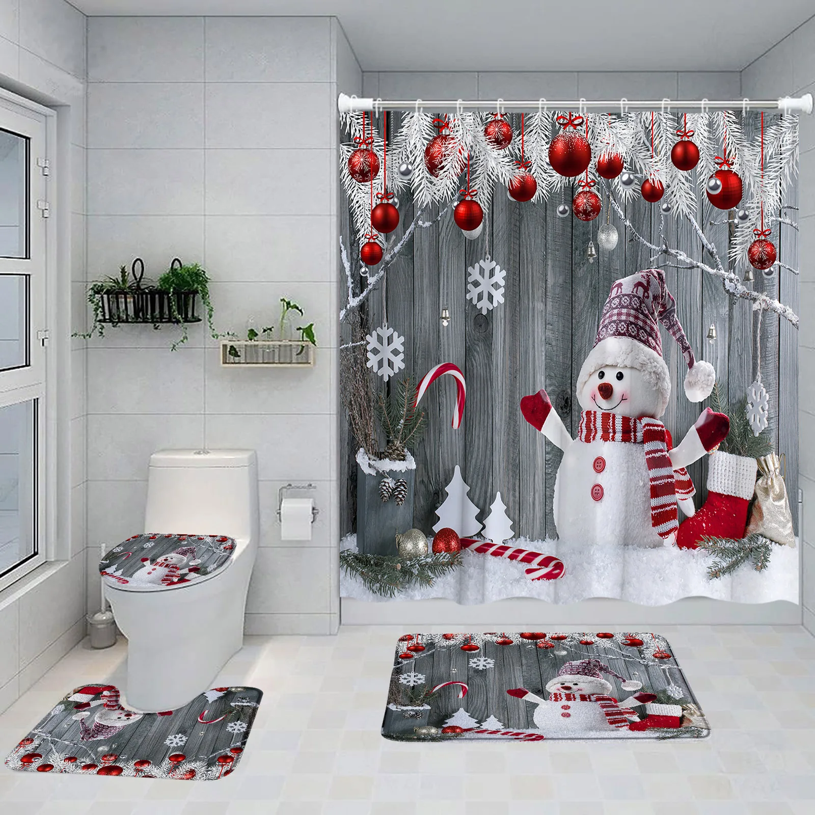 Рождественский комплект штор для душа Снеговик Рождественские елки Красный
