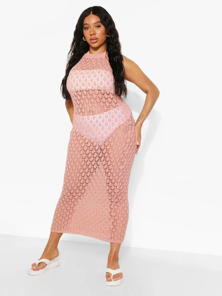 

2023 Sexy See Through Sleeveless Bikini Cover-ups Pink Hollow Out Mesh Dress Women Summer Beach Wear Swim Suit Cover Up Q1377