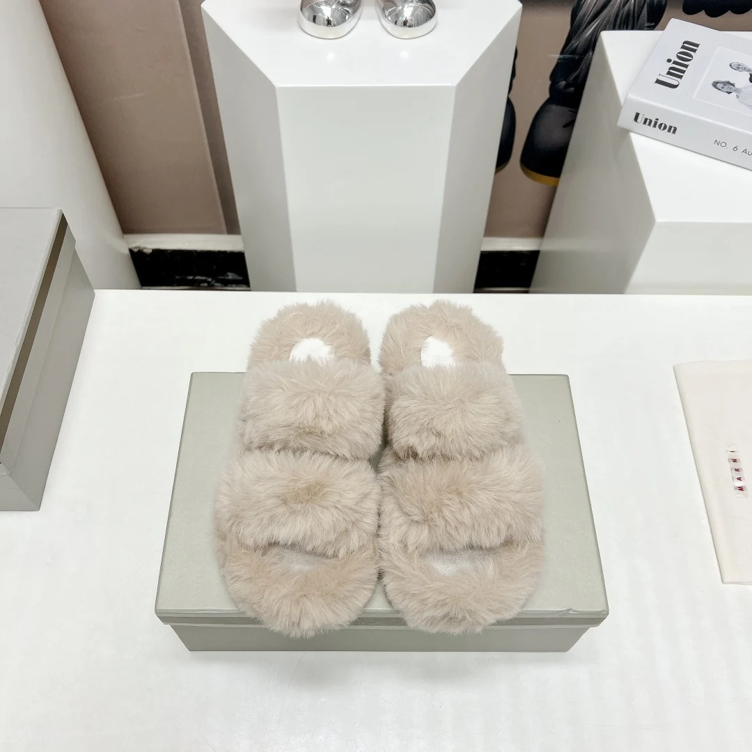 

Роскошные Брендовые женские тапочки Marni 23ss, зимние однотонные серые теплые пушистые тапочки из натуральной шерсти в стиле Харадзюку, Повседневная Милая домашняя обувь