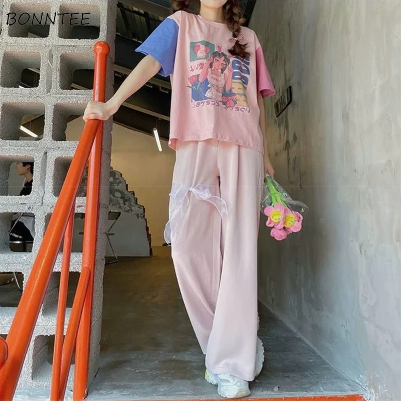 

Wide Leg Pants Women Thin Baggy Sweet Girl Bow Korean Preppy Style Summer Y2k New Design Young Ins All-match Streetwear Casual