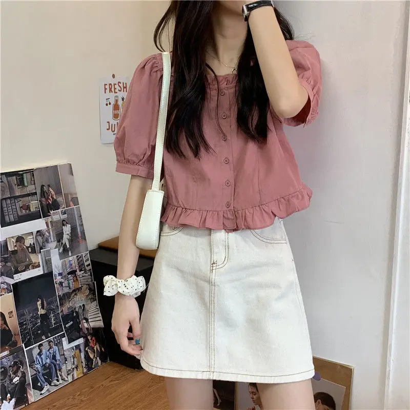

Puff Sleeve Kawaii Girl Cropped Blouse Summer Button Up Short Ruffled Croptop Shirt for Women Clothing Cute Harajuku Clothes
