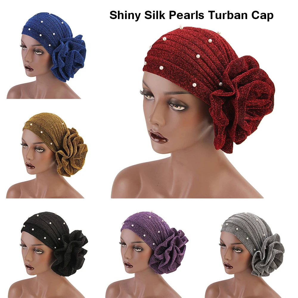 

Women Shiny Silk Pearls Turban Cap Ladies Muslim Hat with Big Flower Elegant Hijab Cap Cancer Chemo Cap Hair Loss Head Scarf