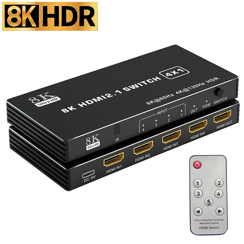 

8K 60Hz HDMI Switch 3x1 5x1 HDMI 2.1 Switcher 3 in 1 out Selector Hub 4K 120Hz With IR Remote For Xbox Series X PC PS5 Projector