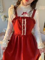red kawaii women dresses new year 2022 vintage evening party midi dresses ladies lace lolita sweet christmas strap dress winter