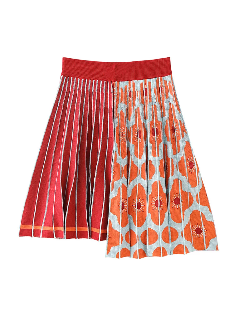 

Micosoni Sweet Irregular Skirt Orange Small Flower Western Style Flattering A- Line Knee-Length Knitting Women's Midi Skirts S-L