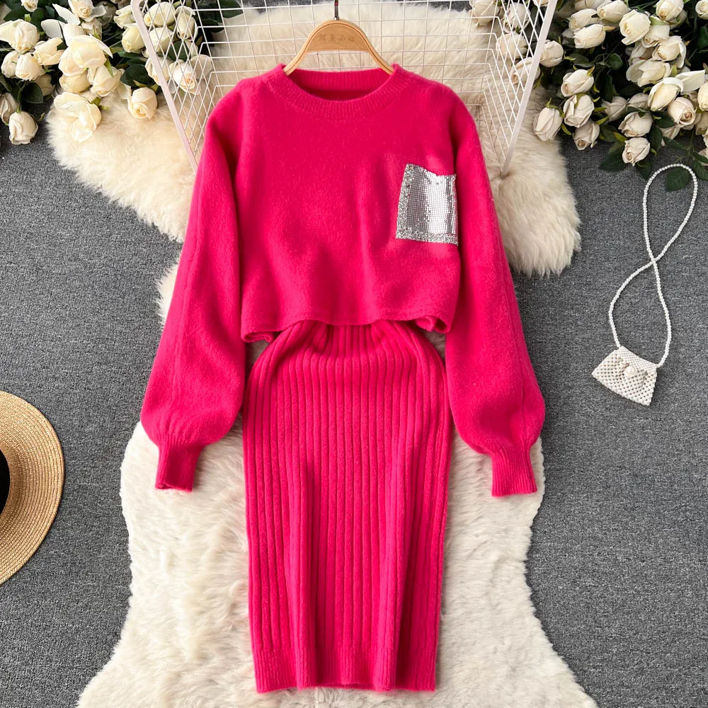 

Knitted Autumn Sequin French Chic Two Piece Sets Womens Outifits Women Set Full Sleeve Tops+Spaghetti Strap Dress Dropshipping