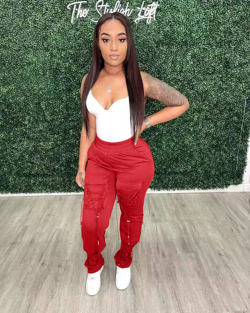 

Повседневные женские брюки-карго со шнуровкой, спортивная одежда, однотонная одежда с высокой талией для женщин