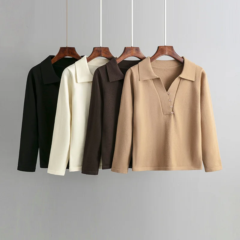 

Женская трикотажная одежда на осень и зиму, женские свитера, свободные рубашки, дизайнерские нишевые топы с воротником-поло в ленивом стиле ...