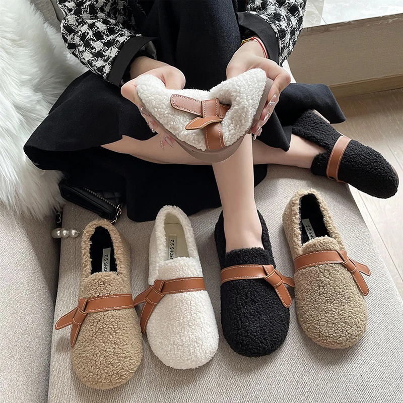 Plush Cotton Shoes 2022 New Fashion Women's Shoes Lamb Wool Plus Velvet Thick Bottom Bow Two Wear Women's Slippers