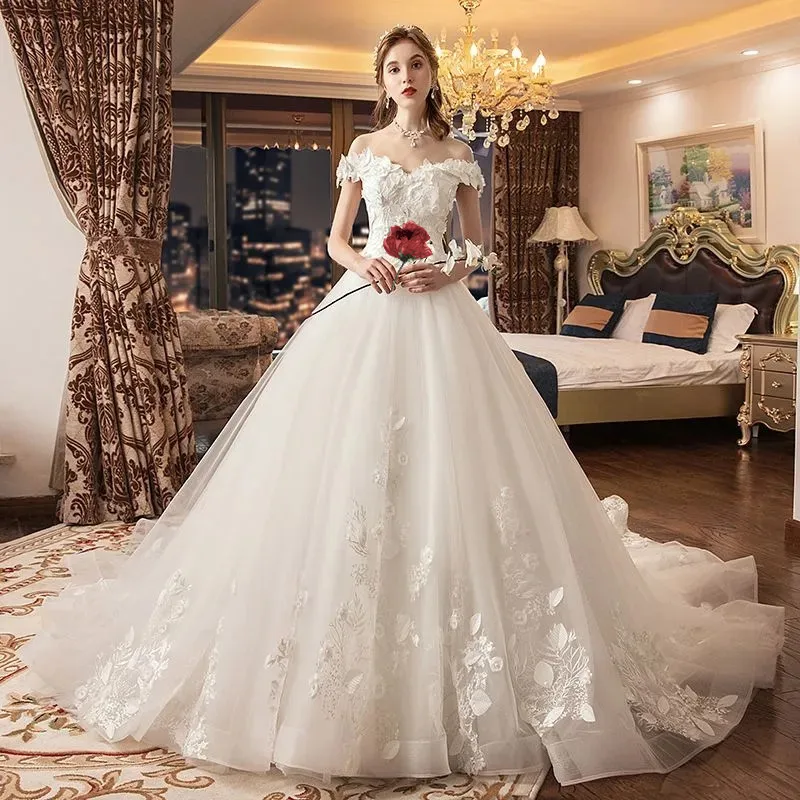 

Princess Off-Shoulder Ball Gown Wedding Dresses 3D-Floral Appliqued Sequins Lace Bridal Gowns Custom Made Abiti Da Sposa