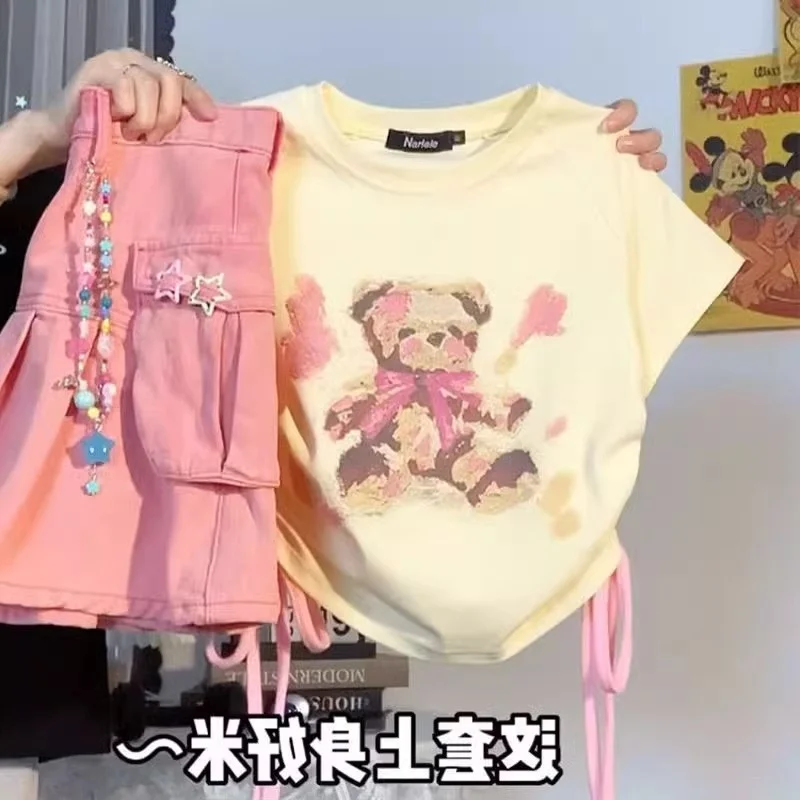 Плюс размер футболка с короткими рукавами и принтом сладкого медведя женская