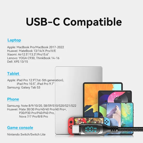 Кабель Vention USB C, 100 Вт, для Xiaomi MacBook Pro, Samsung, зарядное устройство для быстрой зарядки, провод PD, кабель с LED-дисплеем