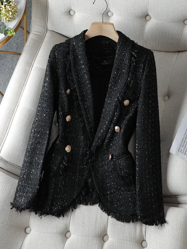 Chic Women Blazer 2023 New in Black White Plaid Female Casual Long Sleeve Double Breasted Coat Office Ladies Work Formal Jacket