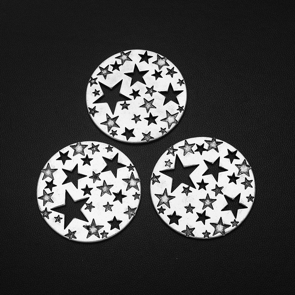 

1pcs/Lots 38mm Antique Silver Plated Many Stars Round Charms Hollow Pentagram Pendants For Diy Vintage Keychain Jewelry Parts