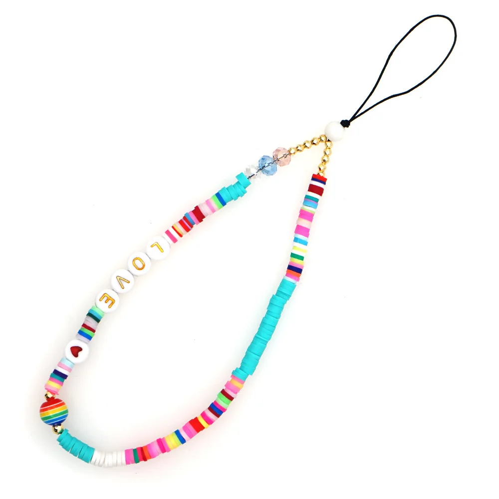 

Boho Ethnic Polymer Clay Letter LOVE MAMA Bead Mobile Phone Chain Anti-Lost Charm HEART Shape Keychain Lanyard DIY Jewelry Gift