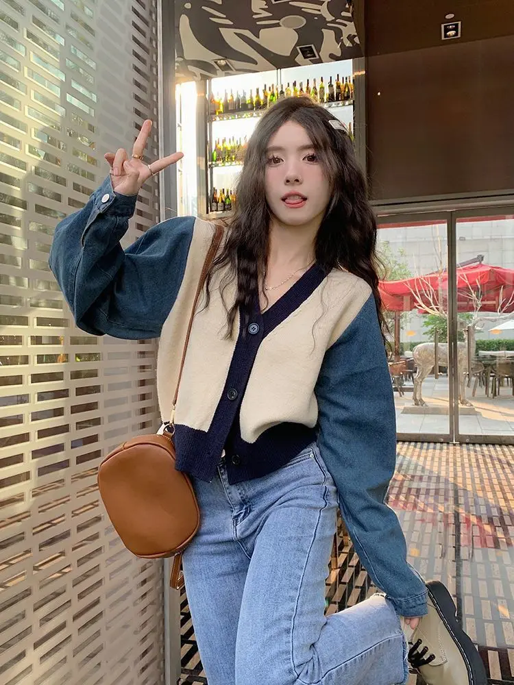 

Retro Women Denim Jacket Cardigan Y2k Clothes Tops Knit Sweaters Korean Fashion Coats Luxury Designer Clothing