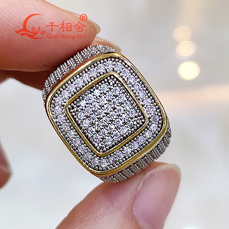 Double  Square lines yellow Real Moissanite Ring  Men women Sterling 925 Silver Round Diamonds Engagement  Male Wedding Jewelry