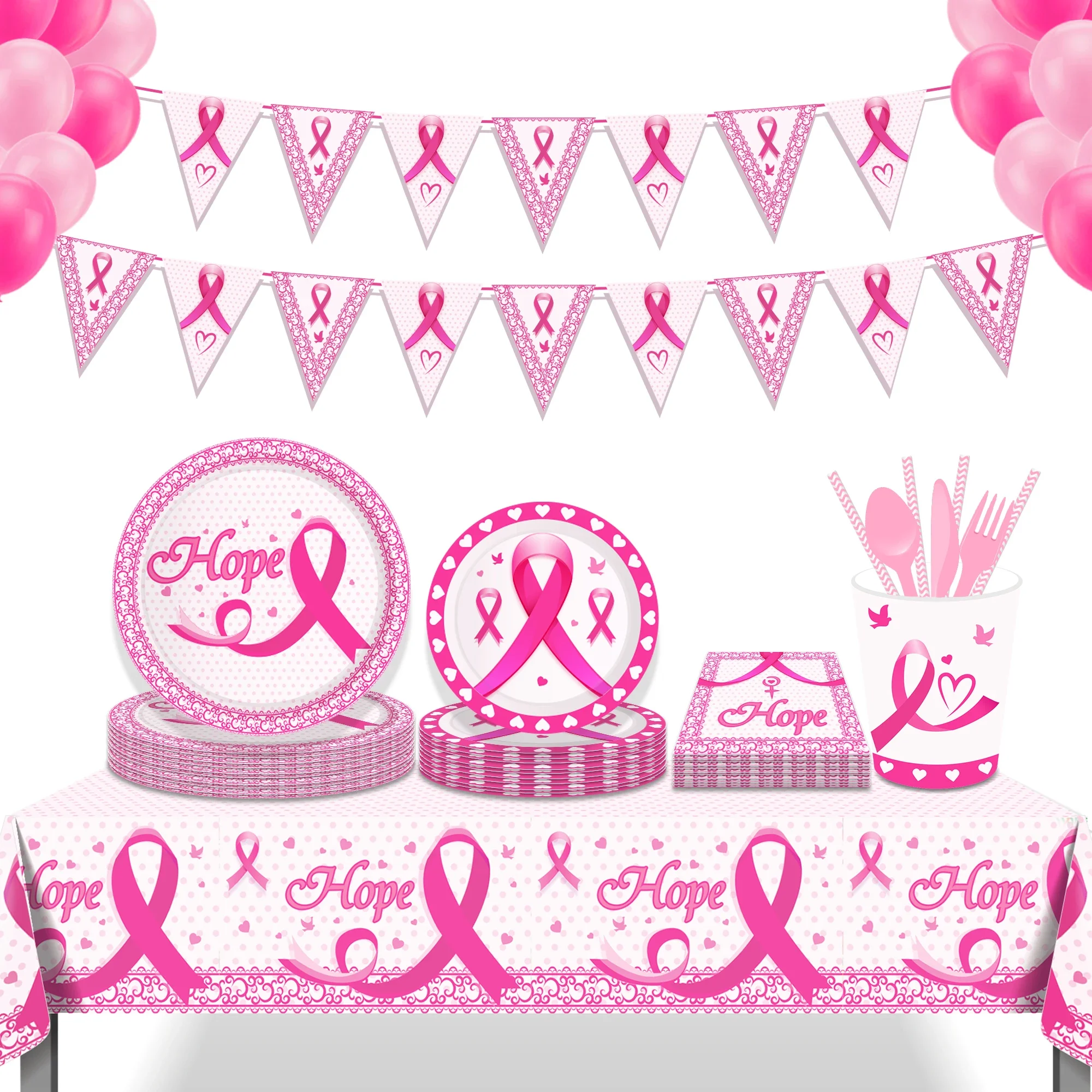 

Pink Ribbon Women Breast Cancer Awareness Month Theme Paper Disposable Tableware Sets Plates Cups Napkins Balloon Paper Straws